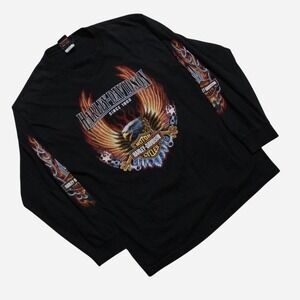 Mens Vintage Y2K Harley Davidson Black Flame Longsleeve Biker Grunge Shirt